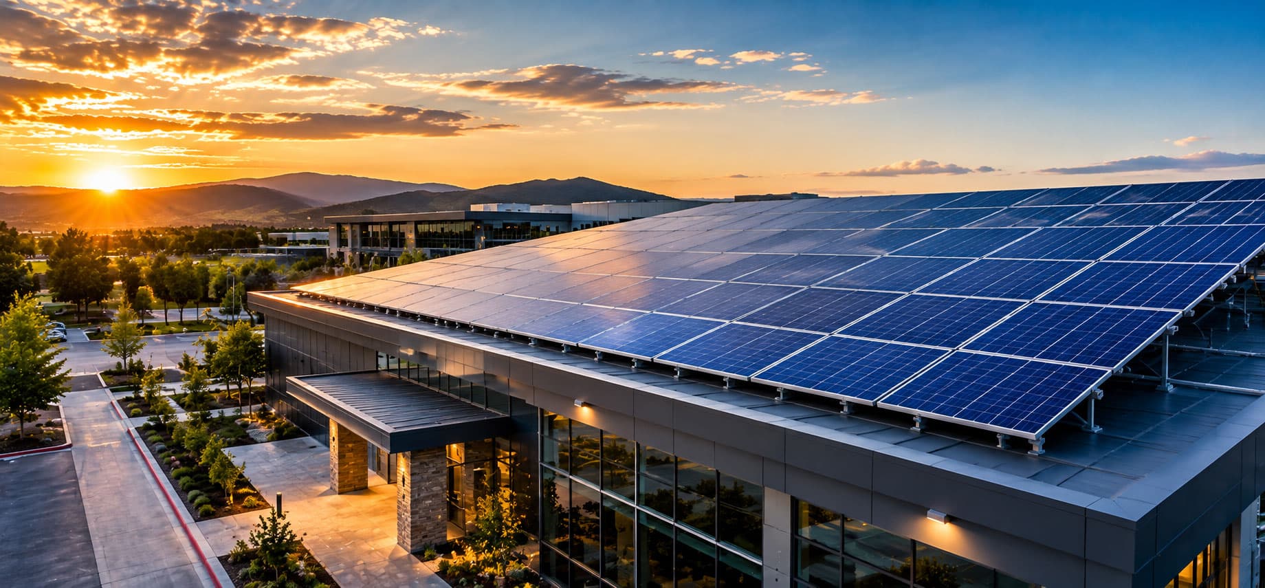 Rooftop solar panels installed on a building at sunset