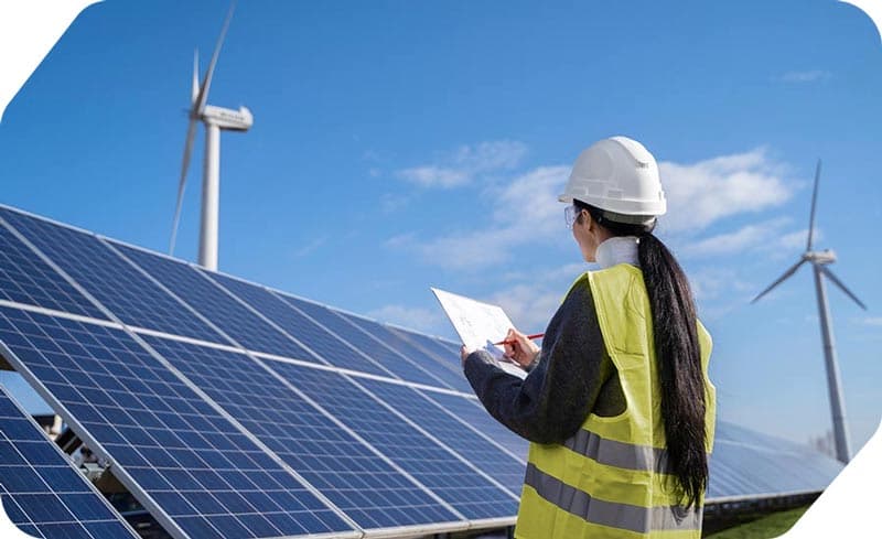 Solar engineer inspecting rooftop solar panels with a clipboard