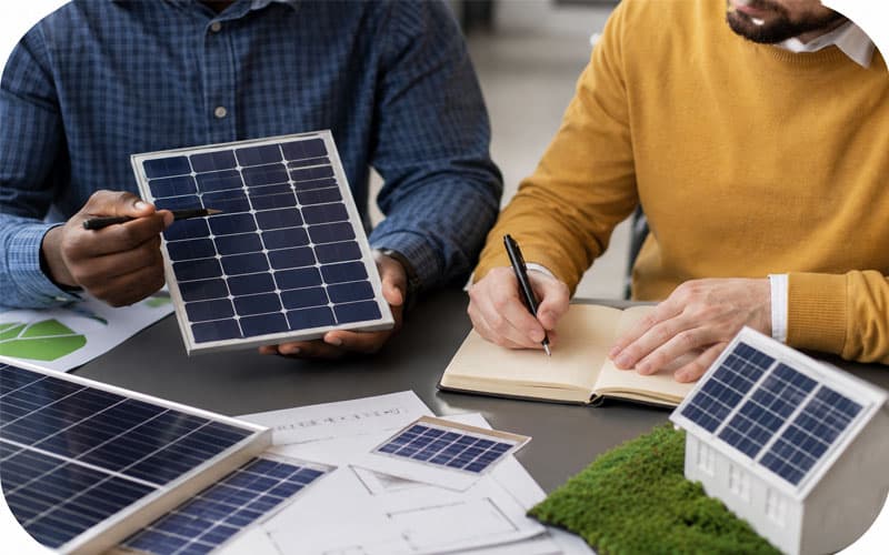 Engineers planning a solar panel system layout on paper